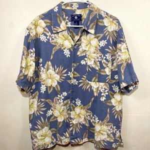 O'Kief & O'Kief Linen Blend Blue & Cream Hawaiian Hibiscus Floral Shirt Size XL